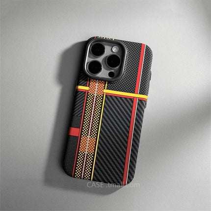 OKEYWOW iPhone 15/16/17 Pro Max relief carbon fiber MagSafe case with metal lens camera protection and hard PC cover.