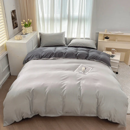Okeywow solid color brushed fabric bedding set with duvet cover, pillowcases, sheet, and quilt cover in various sizes on a bed.