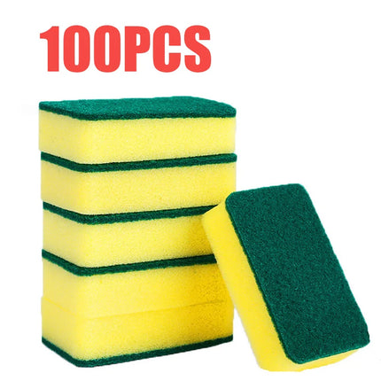 OKEYWOW nano emery dish sponge for rust and stain removal, shown in a pack of cleaning sponges on a kitchen countertop.