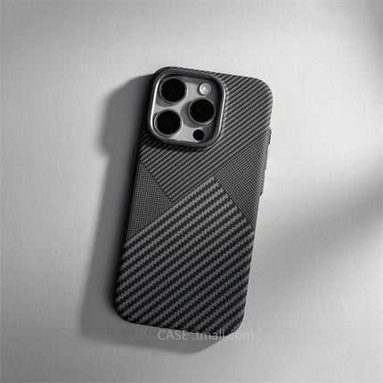 OKEYWOW iPhone 15/16/17 Pro Max Relief Carbon Fiber MagSafe case with metal lens camera protection and hard PC cover.