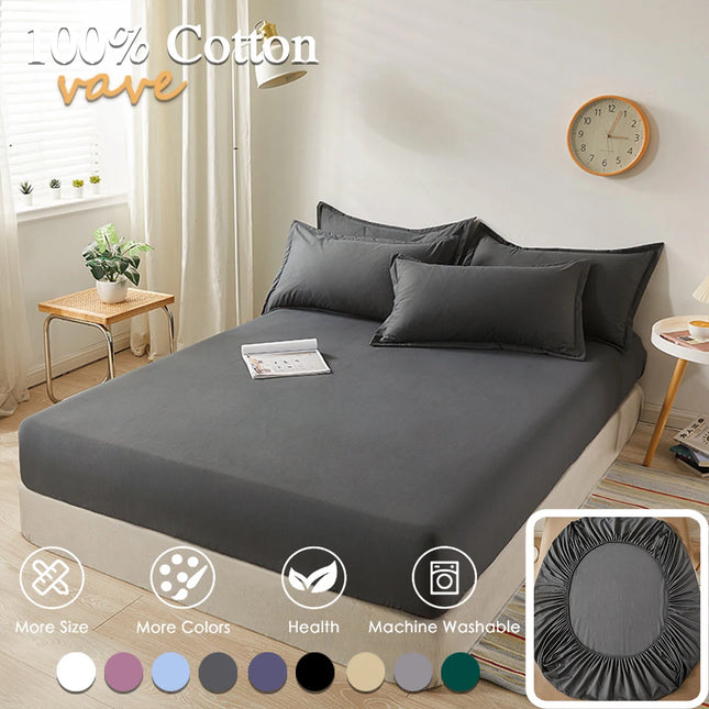 OkeyWOW 100% cotton fitted sheet in solid color with elastic edges, suitable for single, double, king, and queen beds, non-slip design