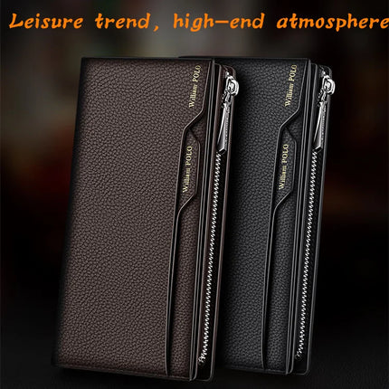 OKEYWOW WilliamPOLO men's genuine leather wallet with zipper, card holder, and business phone bag for men.