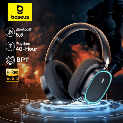OkeyWOW Baseus GH02 Bluetooth gaming wireless over-ear RGB headphones with mic, featuring sleek design and in-ear controls.