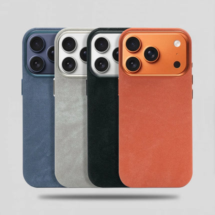 OKEYWOW fiber leather MagSafe case for iPhone 17/16/15/14/13/12 Pro Max, shockproof, wireless charging cover, with precise cutouts.
