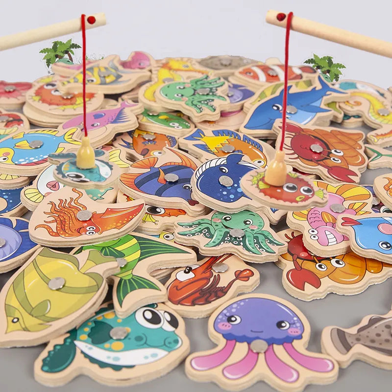 Montessori Wooden Fishing Toy: Magnetic Marine Life Cognition Game for Parent-Child Interactive Education