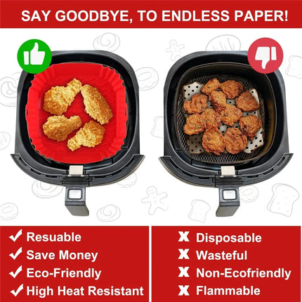 Reusable silicone air fryer pan liner by okeyWOW, non-stick tray for baking pizza, chicken, and oven dishes.