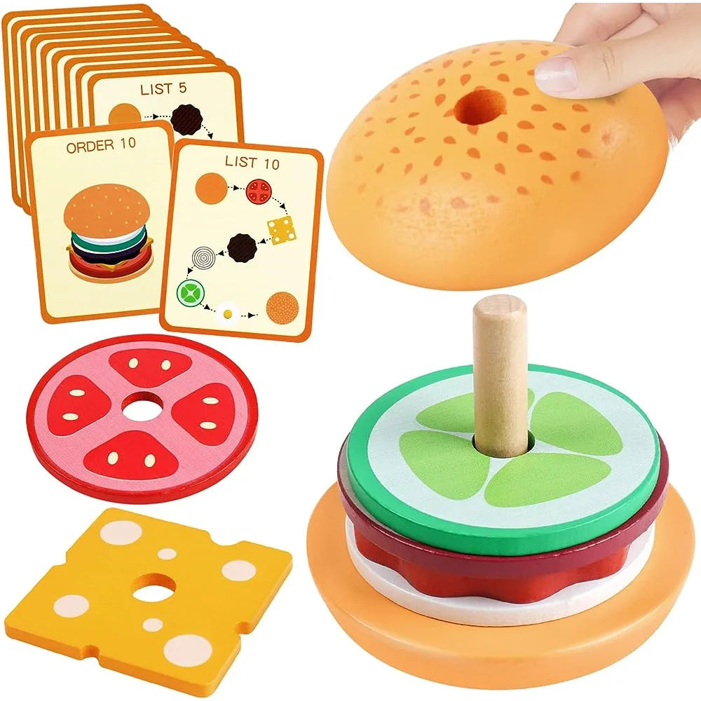 Montessori Wooden Burger Stacking Toys For Toddler Kids Preschool Learning Educational Toys Fine Motor Skill Kitchen Toys Gift