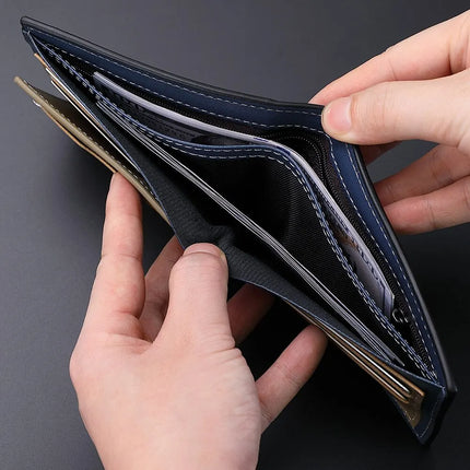 Men's horizontal multi-functional zipper wallet with coin pocket and credit card holder, by OKEYWOW, shown with multiple cards and coins inside.