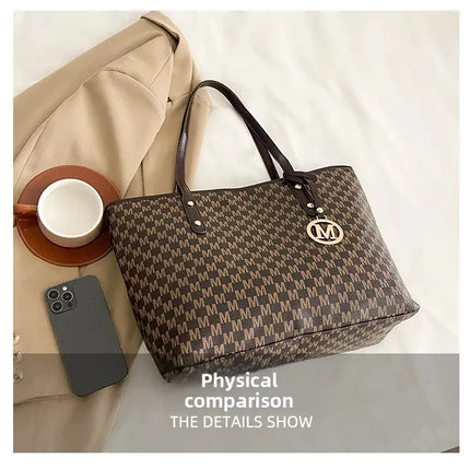 Large capacity OKEYWOW shoulder bag with letter print, luxury tote clutch, retro commuter style, versatile for daily use.