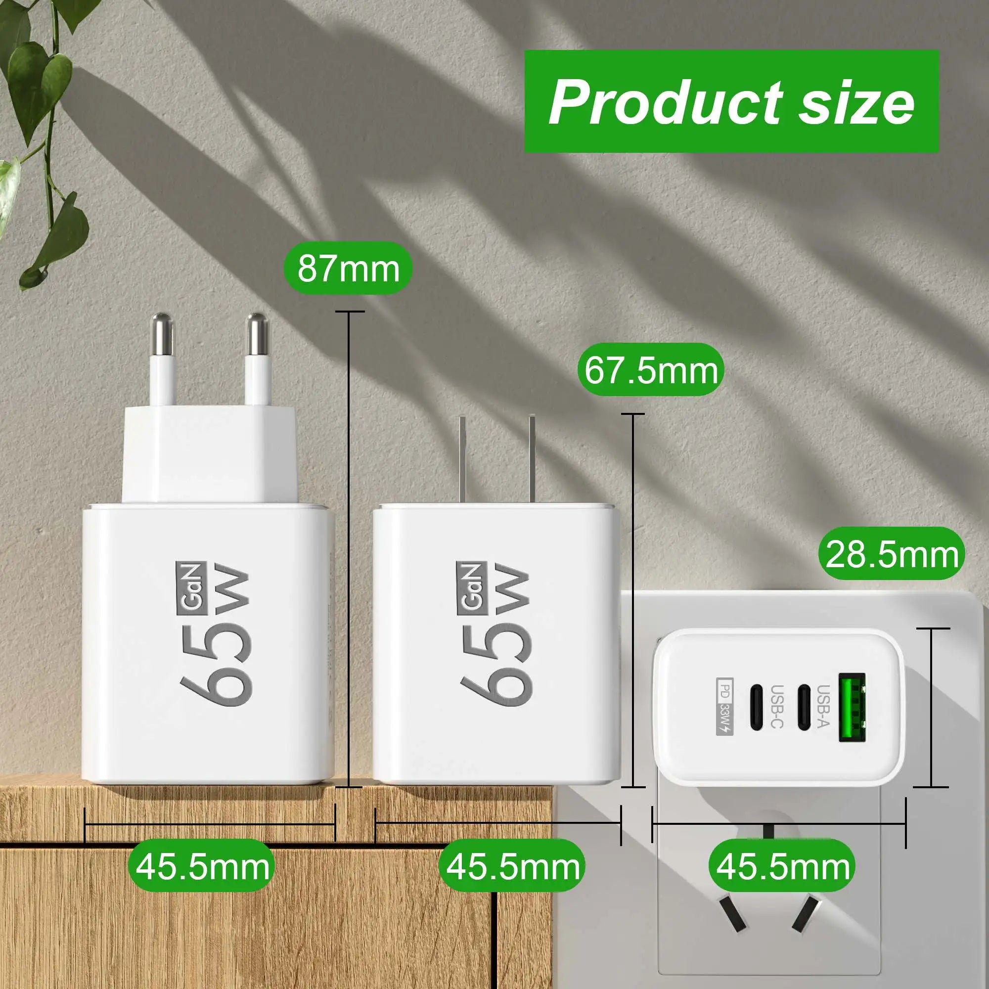 65W USB-C GAN Fast Charging Charger: Power Delivery (PD) Quick Charge 3.0 Wall Adapter for iPhone 15, Xiaomi, POCO, Samsung, OnePlus, and More