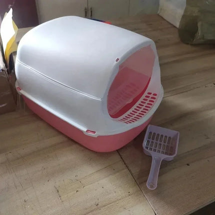 OKEYWOW Kitty Cat Litter Box with semi-enclosed splashproof design for easy cleaning and privacy, featuring a spacious pet toilet tray.