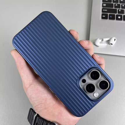 OKEYWOW iPhone Titanium Stripe Case with metal buttons, shockproof armor for iPhone 13/14/15/Pro Max models, sleek and protective.