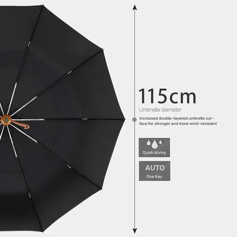 PARACHASE Big Umbrella Men Business Style 115cm Automatic Umbrella Rain Double Layer 10K Windproof Large Golf Umbrellas Wooden