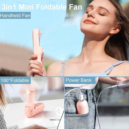 Portable Mini Handheld Fan USB Rechargeable 3-Speed with Power Bank