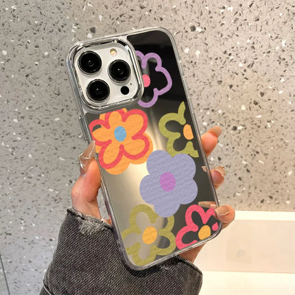 OKEYWOW iPhone flower mirror case with silicone shockproof cover for iPhone 11 to 16 Pro Max, featuring a floral design and mirror surface.