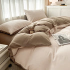 Okeywow solid color brushed fabric bedding set with duvet cover, pillowcases, bed sheet, and quilt cover in various sizes.