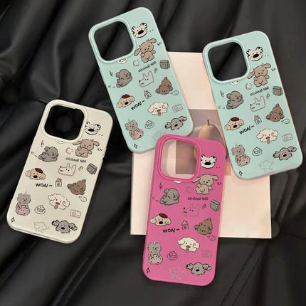 OKEYWOW cartoon dog iPhone case in soft leather with shockproof design for iPhone 11 Pro Max and other models, featuring playful dog illustration.
