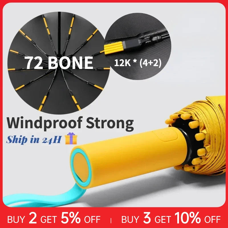 Super Strong Windproof Fully Automatic Folding Umbrella: Large, Reinforced with 72 Bones for ultimate durability. Provides Sun and UV Protection in addition to rain coverage.