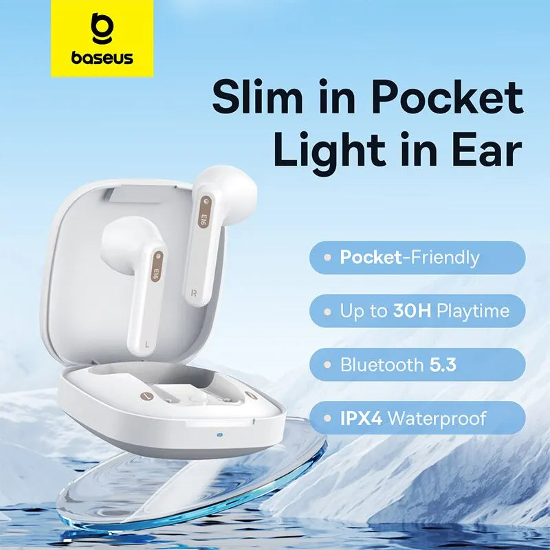 Baseus Bowie E16 Wireless Earphone: Bluetooth 5.3 Earphones with 30H Long Battery Life, IPX4 Waterproof rating, and True Wireless technology for an uninterrupted audio experience.