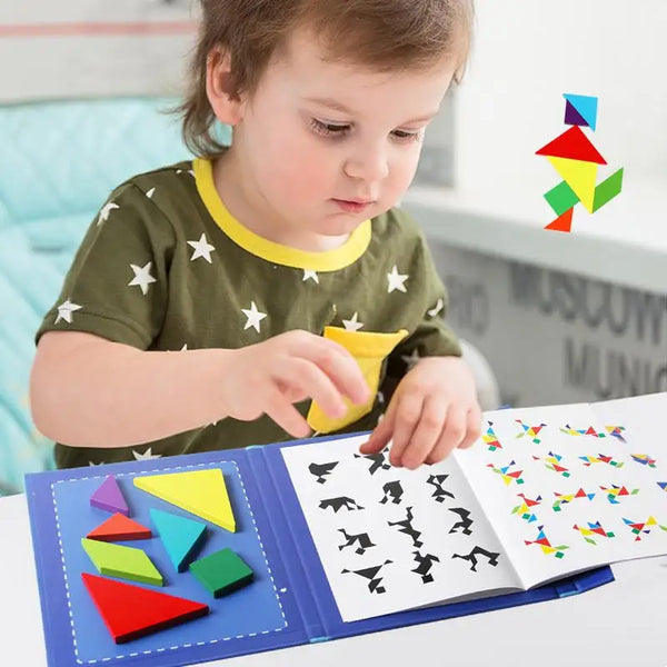 Wooden Jigsaw Magnetic Tangram Puzzle Book: Portable Montessori Educational Toys for Children