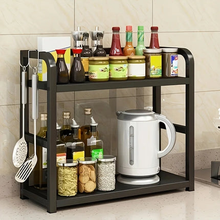 Rustproof 2-tier metal kitchen shelf by OKEYWOW, showing countertop organizer with coffee mugs and condiment storage.