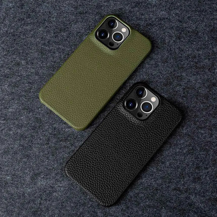 OkeyWOW luxury genuine leather business case for iPhone 15/14/13/12/11 Pro Max, showing sleek black leather with precise cutouts