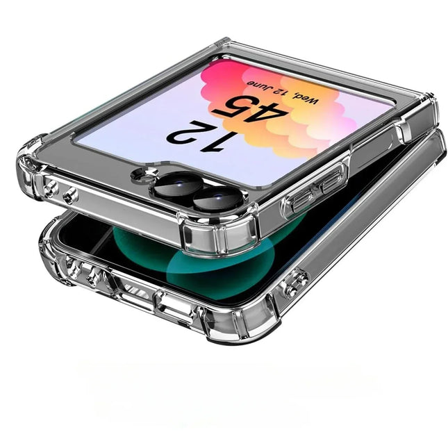 Clear acrylic and TPU shockproof case for Samsung Z Flip, featuring a sleek flip cover design and precise cutouts.