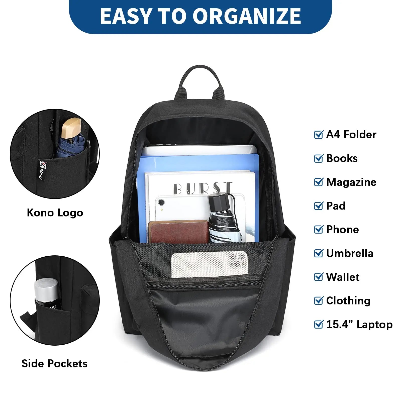 Kono Lightweight School Backpack - Casual Daypack for Men & Women - Durable Bookbag, Travel Rucksack & Work Bag