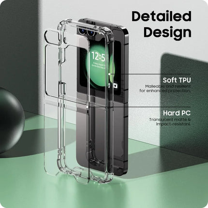 Clear acrylic and TPU shockproof Samsung Z Flip case by OKEYWOW, designed for Flip 4, 5, 6, and 7 models, with a sleek flip cover.