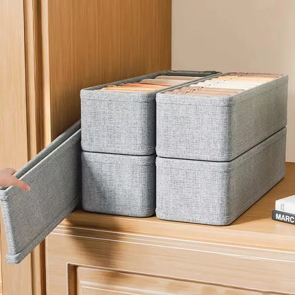 OKEYWOW drawer storage organizer box for T-shirts, jeans, underwear, and pants, shown in a tidy wardrobe setup.