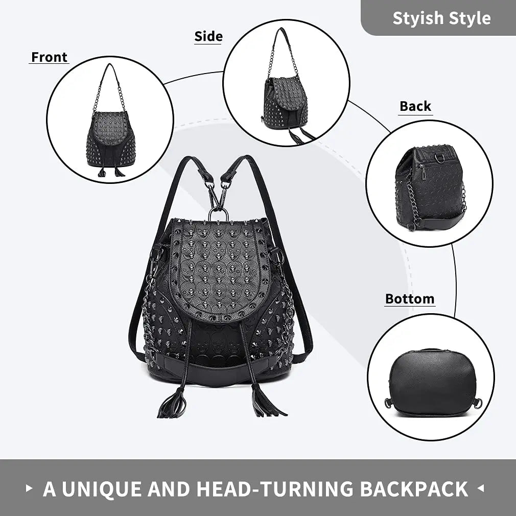 Miss Lulu Gothic Skull Backpack - Faux Leather Studded Shoulder Bag with Chains & Tassels for Women