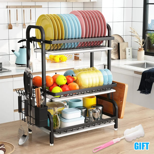 3-Tier Dish Organizer Dish Drying Rack Compact Kitchen Dish Rack Drainboard Set Large Rust-Proof Dish Drainer Kitchen Dish Drain