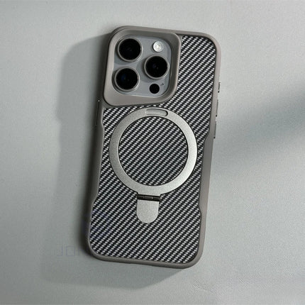 Soft Rubber MagSafe Case for iPhone 16/15/14/13/12 Pro Max Carbon Fiber Metal Bracket Cover