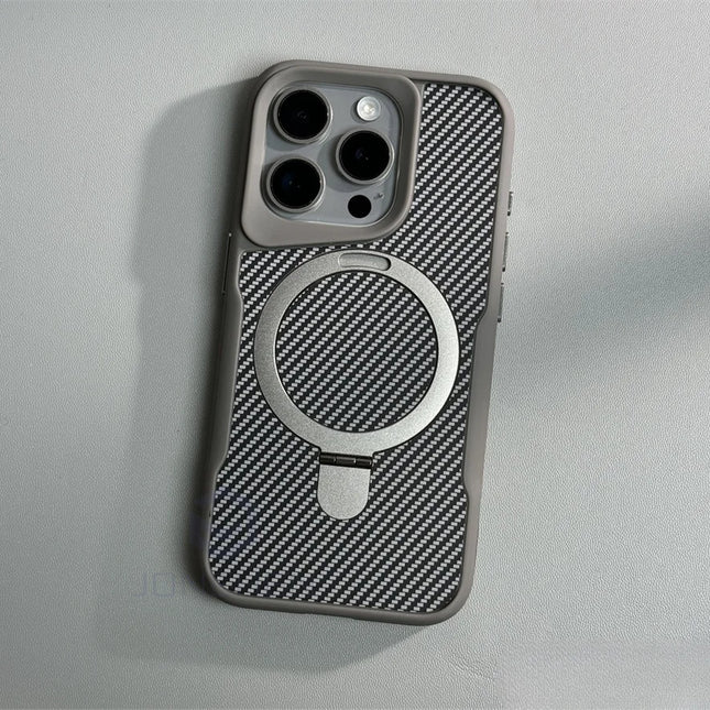 Soft Rubber MagSafe Case for iPhone 16/15/14/13/12 Pro Max Carbon Fiber Metal Bracket Cover