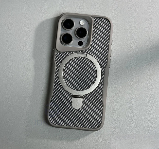 Soft Rubber MagSafe Case for iPhone 16/15/14/13/12 Pro Max Carbon Fiber Metal Bracket Cover