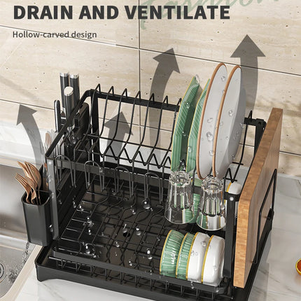 OKEYWOW 2-Tier dish drying rack with drain tray and cutlery holder, kitchen counter organizer for drying dishes and utensils.
