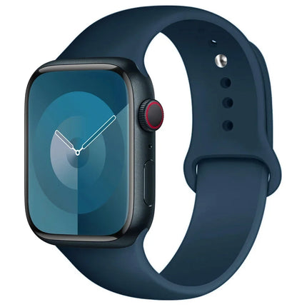 Apple Watch silicone sport strap by OKEYWOW for Series 9, Ultra, SE, and 3, 2 with 49mm to 38mm case sizes, shown on a smartwatch.