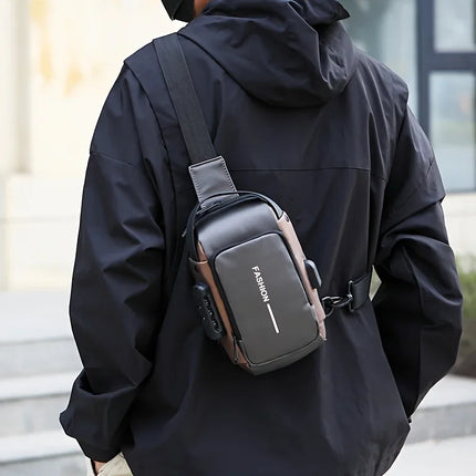 Men’s Oxford fabric sling bag by OKEYWOW with zip closure, designed for motorcycle riding and daily commuting, featuring a phone pocket.
