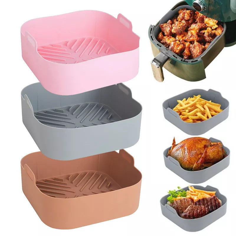 21cm Silicone Air Fryer Oven Baking Tray: Non-Stick Square Basket Mat for Pizza, Fried Chicken - Reusable Airfryer Pan