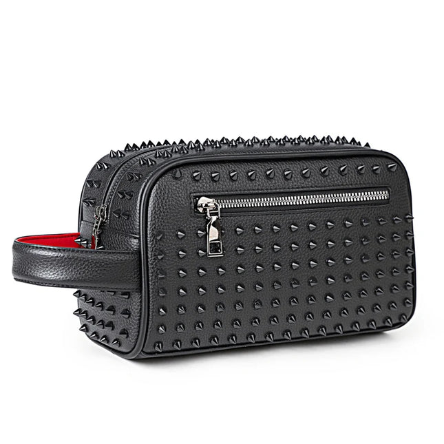 Men's PU leather rivet clutch bag by OKEYWOW featuring cyberpunk style, waist strap, wallet, and money bag design.