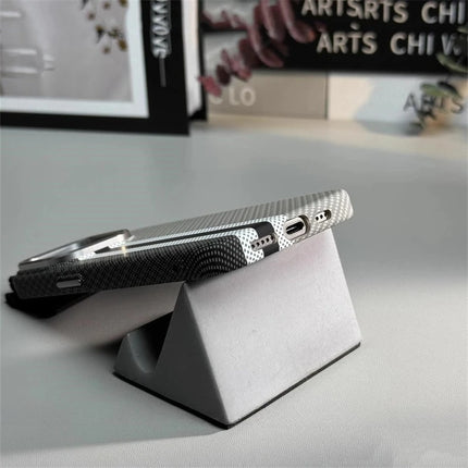 OKEYWOW iPhone 17/16/15 Pro Max relief carbon fiber MagSafe case with metal lens camera protection and hard PC cover.