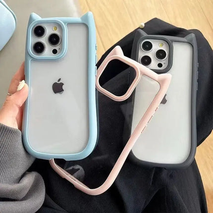 Transparent silicone shockproof iPhone case with cute cat ears for iPhone 11 to 17 Pro Max, by OKEYWOW.