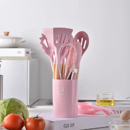 12-piece OKEYWOW silicone kitchen utensil set with non-stick spatulas and wooden handles for cooking and baking.