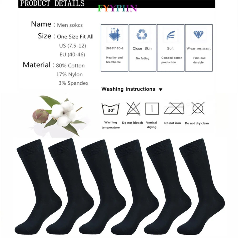 6 pairs of High-Quality Black Cotton Dress Socks: Designed for both men and women, these long calf socks are sweat-resistant and anti-odor, perfect for autumn and winter wear.