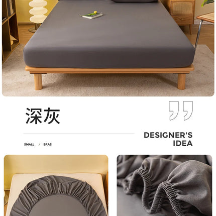 OKEYWOW solid color fitted sheet with elastic edges on a double bed, showing the mattress cover in 140x190 cm and 200x220 cm sizes