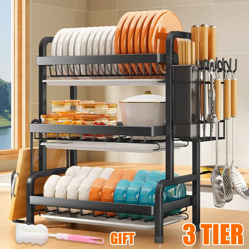 3-Tier Dish Organizer Dish Drying Rack Compact Kitchen Dish Rack Drainboard Set Large Rust-Proof Dish Drainer Kitchen Dish Drain
