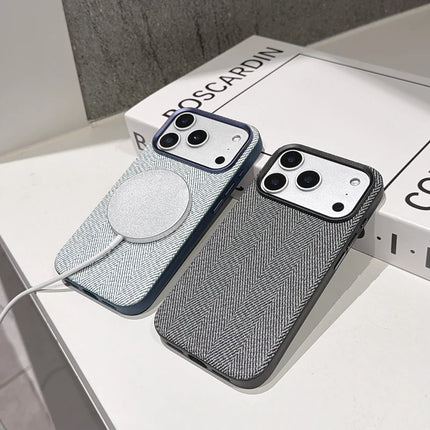 Heritage Weave PU Leather MagSafe Case for iPhone 17/16/15 Pro Max Alloy Lens Wireless Cover