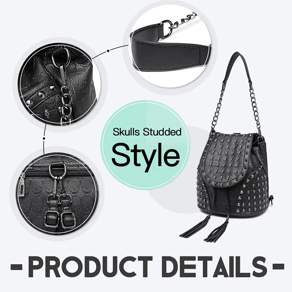 Miss Lulu Gothic Skull Backpack - Faux Leather Studded Shoulder Bag with Chains & Tassels for Women