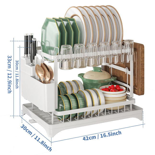 OKEYWOW 2-Tier dish drying rack with drain tray and cutlery holder, kitchen counter organizer for drying dishes and utensils