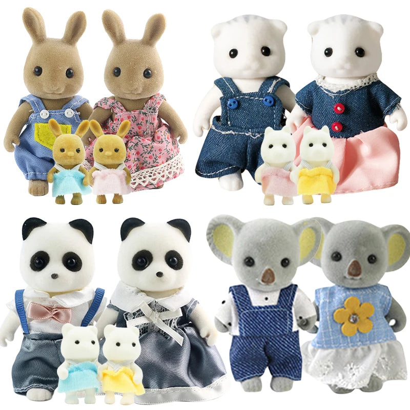 1:12 Forest Animal Family Mini Doll Set: Rabbit, Bear, Panda - Includes Villa Furniture for Play House Toys